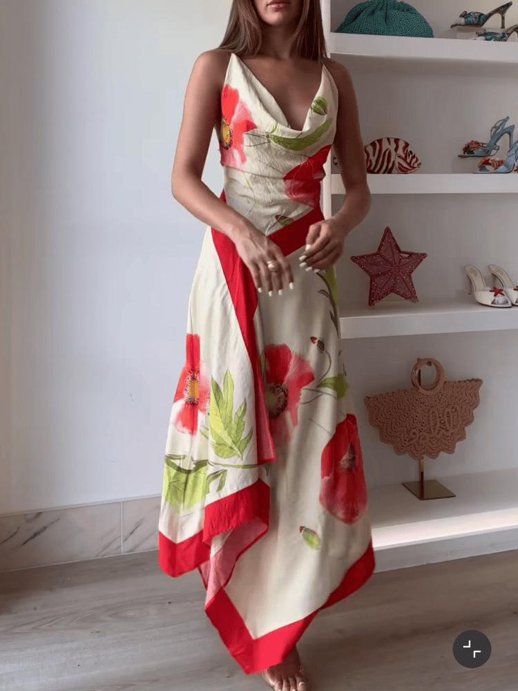 European & American Style Women's Backless Print Midi Dress - Fashionable & Sexy Vacation Sling Dress