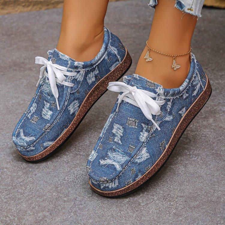 Large size flat-bottomed casual single shoes for women, new canvas lace-up flat-bottomed single shoes for women in spring and autumn