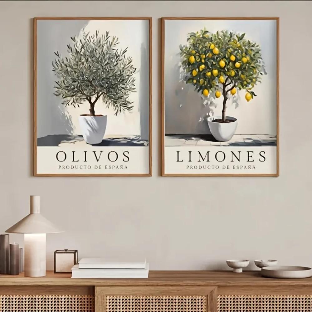 Retro Elegante Olivenbaum und Zitrone Leinwand Poster Vase Wandkunst Poster Perfektes Geschenk für Wohnzimmer Schlafzimmer Studentenwohnheim Heimdekoration