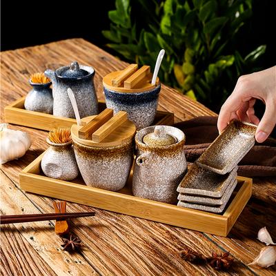 Ceramic Seasoning Jar Spice Container Spice Jar Seasoning Box Set Wooden Pallets Salt Shaker Oil Can Toothpick Jars Taste Dish
