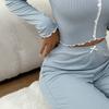 Womens Lace Trim Ribbed Knit Pajamas Set Long Sleeve Crop Top Wide Leg Pants Lounge Set 2 Piece Pjs Sleepwear
