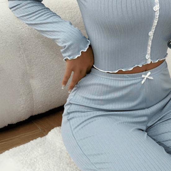 Ayollar dantelli bezakli rezinkali to'qilgan pijamalar to'plami uzun qisma qisqartirilgan top keng oyoqli shimlar dam olish to'plami 2 qismli pijama uyqu kiyimi