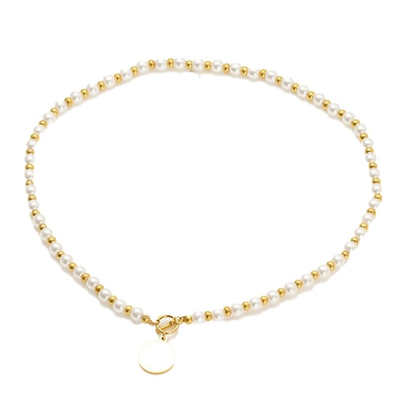 Unique Geometric Pearls Chain With Round Shell Pendant Necklace Stainless Steel Adjustable Length Clavicle Chain 1