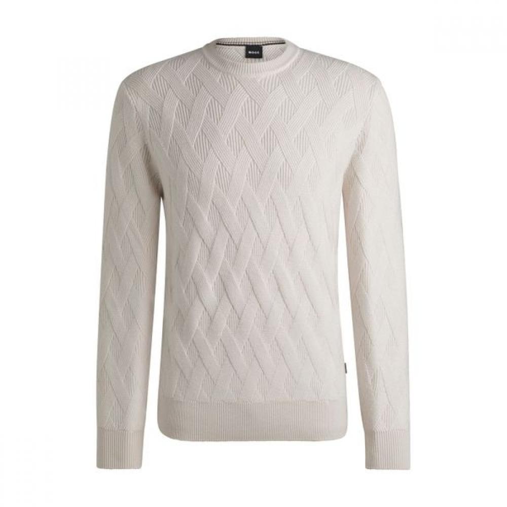 Boss Virgin Wool Regular Fit Knit Sweater Open White