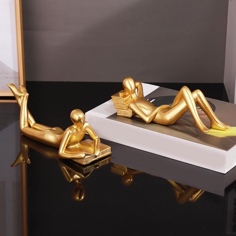 Small Gold Decoration Fun Paperweight, Reading Women Statue for Home Office Bookshelf Living Room Desk Decoration