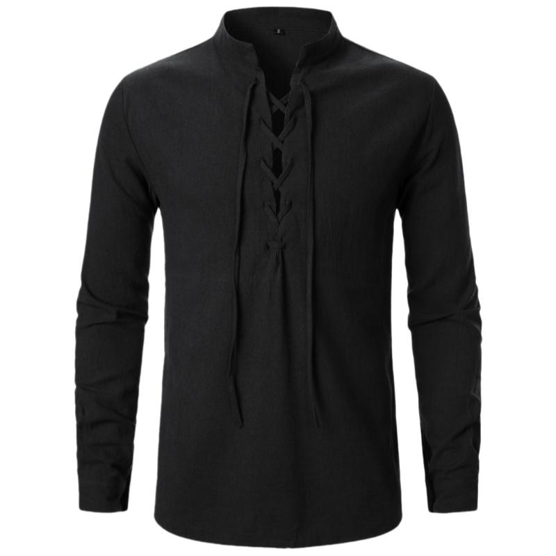 Men s Renaissance Shirt Pirate Medieval Viking top Cotton Linen Shirts Men Long Sleeved Halloween Costume S чёрный