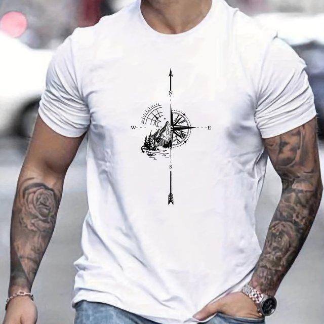 Men's Mountain Compass Pattern Print T-shirt Man Summer Casual Round Neck Short Sleeve T-shirt Top