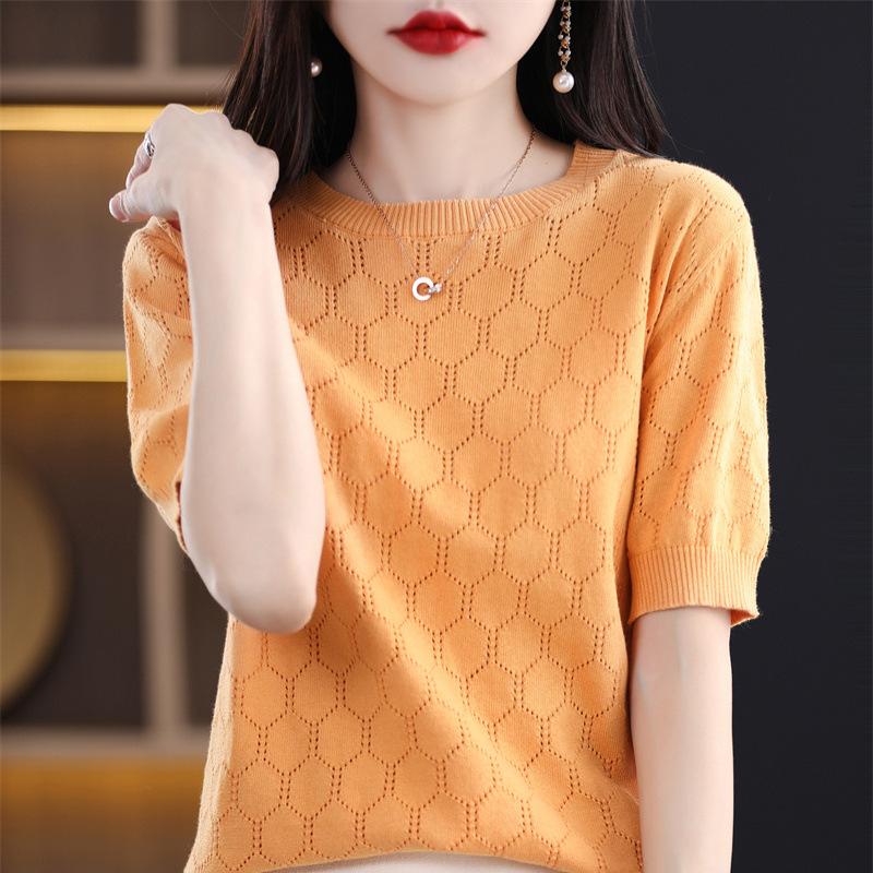Fashionable Hollow Cotton Knitted Short-sleeved T-shirt for Women In Summer New Round Neck Loose T-shirt Half-sleeved Top