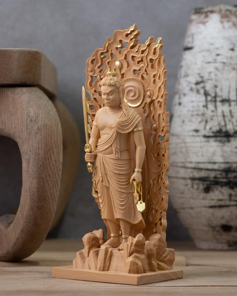 Drobná zlatá hliněná dřevěná ozdoba Buddha Fudo Myoo Fudo Myoo 11,5 cm (Dřevěný buxus, povrchová úprava)Socha Buddhy, postava, řezba, (GSB