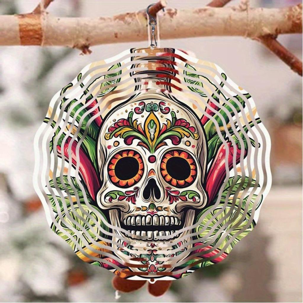 Day of the Dead Skull Metal Wind Chime Outdoor Hanging Decor with Vibrant Floral Patterns 360 Rotating Hook for Garden Patio Yard