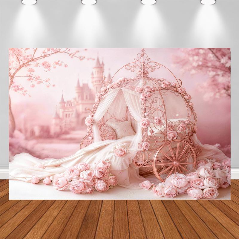 LS Dream Castle Pink Carriage Backdrops Kids Cake Smash Props Baby Birthday Decors Floral Child Girl Photography Background