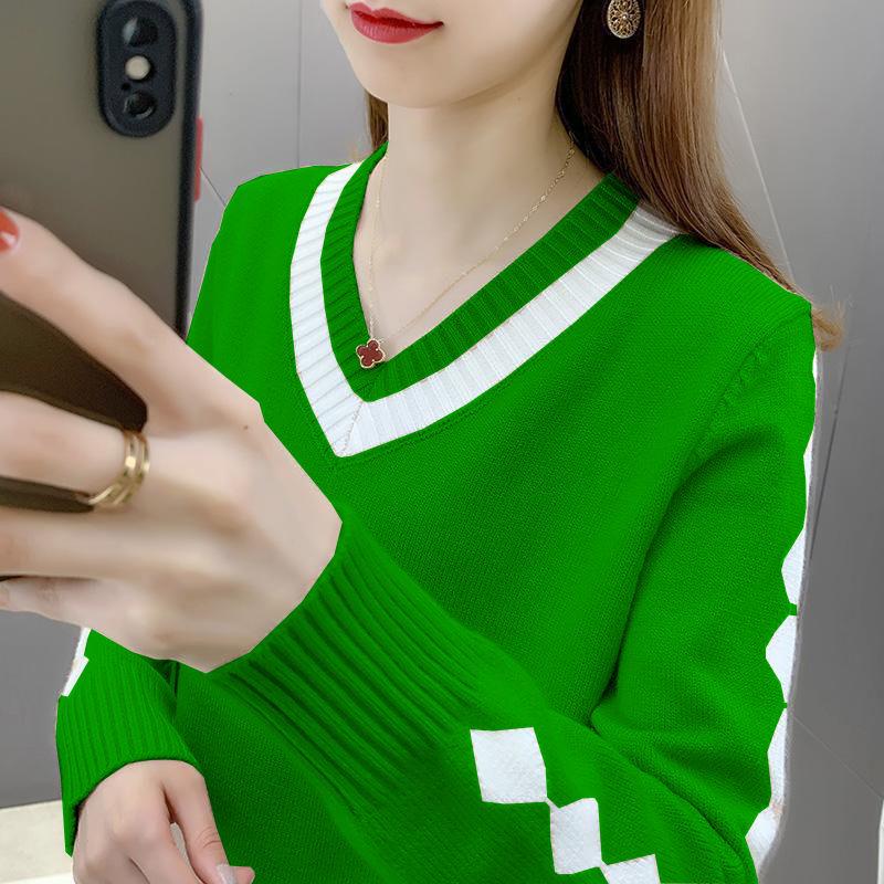 

Женский свитер с V-образным вырезом, с длинным рукавом, свободный, короткий пуловер, вязаный свитер, трикотажный топ с цветовыми блоками S
