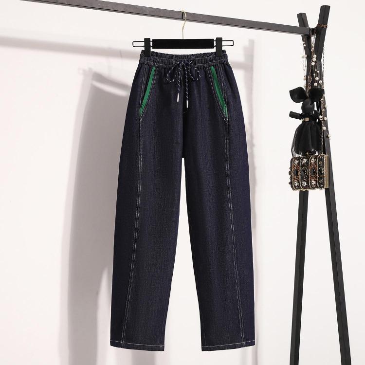

Plus Size High Waist Casual Trousers Spring Jeans Women Loose Elastic Basic Harem Pants 4XL темно-синього кольору
