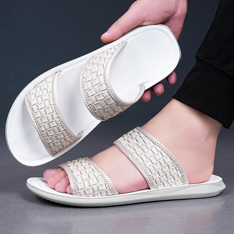 Men Black Leather Slippers Flats Summer Brown Sandals Outdoor White Wide Head Beach Shoes for Father Over Sized 46 47 48