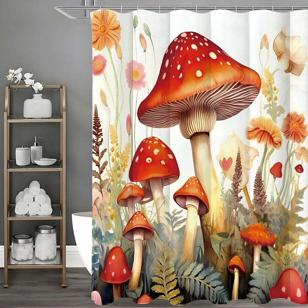 Red Mushroom Shower Curtain, Red Mushroom, Spring, Watercolor Art Painting Bathroom Decorative Shower Curtain, Waterproof Sho