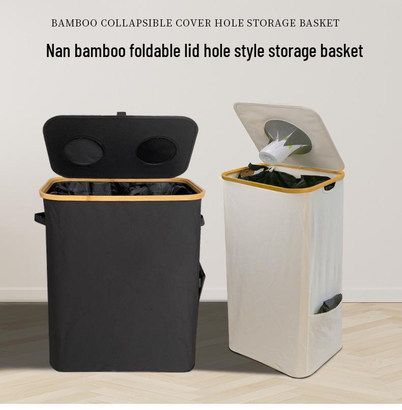 Foldable Bamboo Oxford Cloth Recycling Basket with Lid and Inner Bag