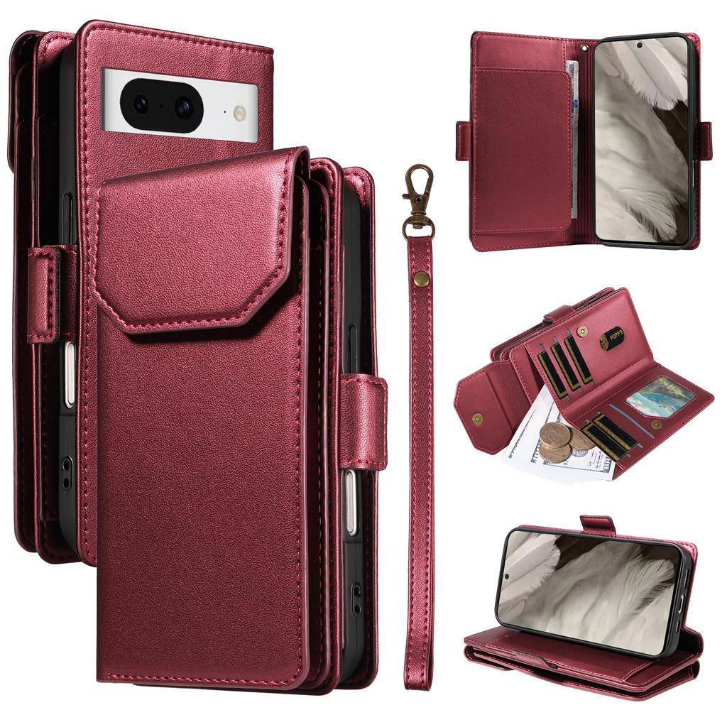 For Google Pixel 8 Case with Multi-Card Holder and Strap PU Leather Phone Cover Stand