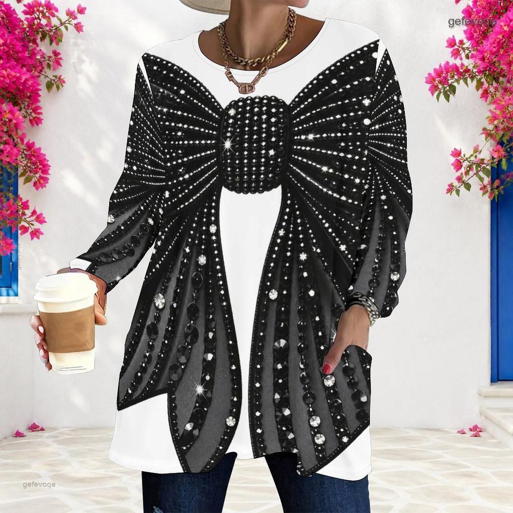 Women Plus Size Round Neck Long Sleeve Black Gold Green Printed Longline T Shirt With Pockets