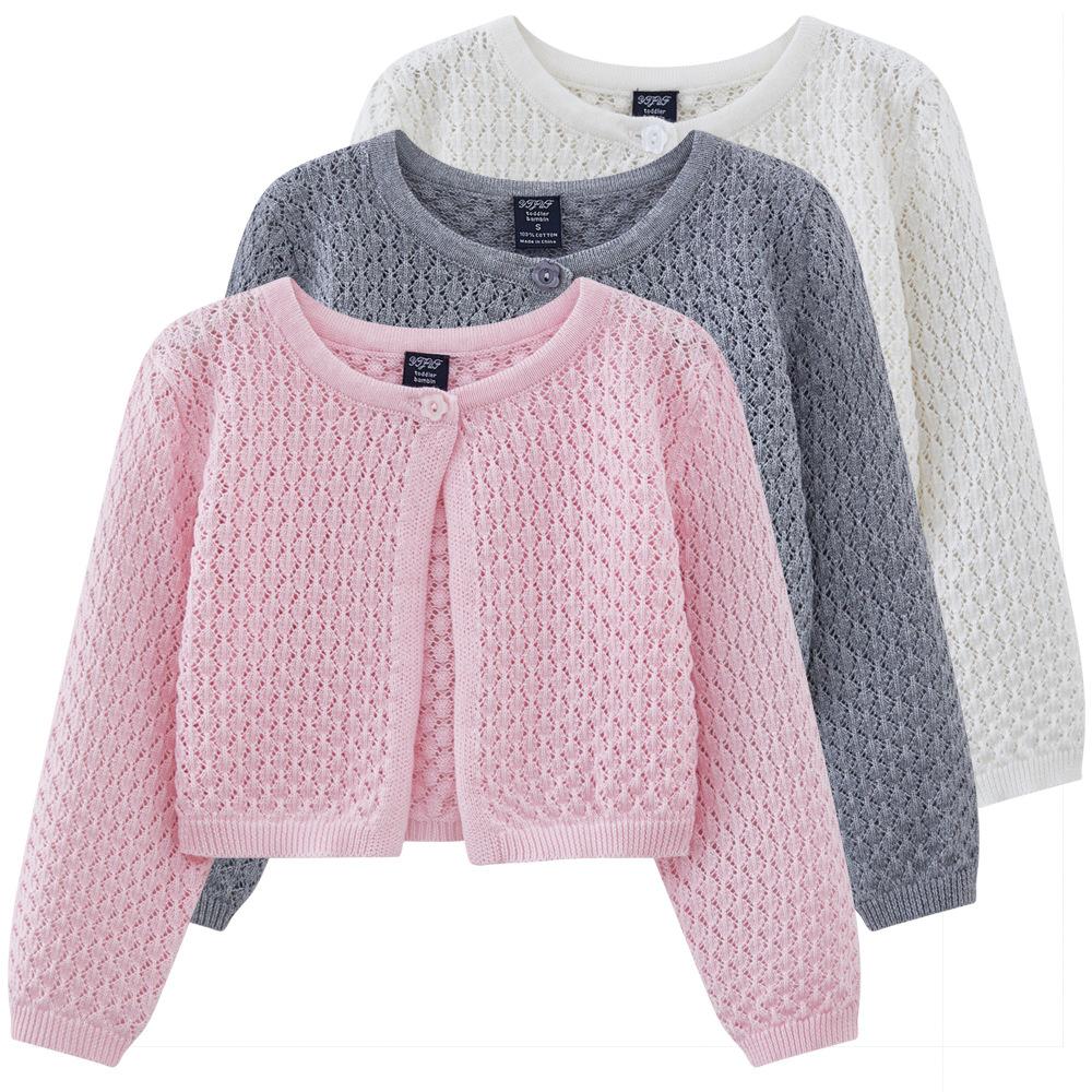 Round Neck Hollow Baby and Toddler One Button Shawl Coat Thin Style Girls Knitted Cardigan Coat