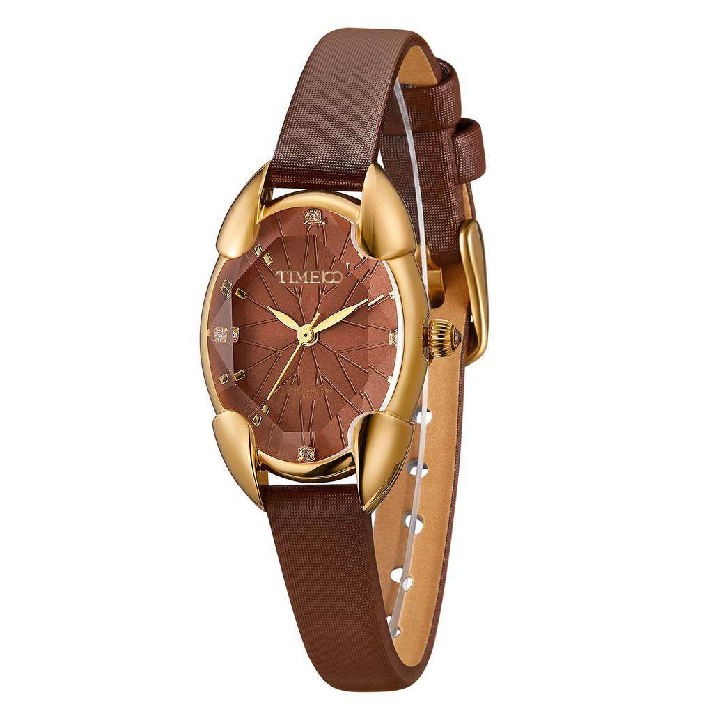 Time100 Watch with Multifaceted Diamond Japanese 30M Water and Brown Butyl Strap Women's Crystal, Movement, Resistance,