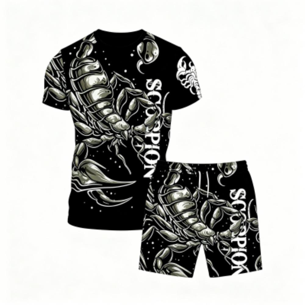 Europa und Amerika Tier Skorpion Muster Outdoor Straße Herren T-Shirt und Shorts 2-teiliges Set Sommer Freizeit Outfit Herren und Damen Sport Set