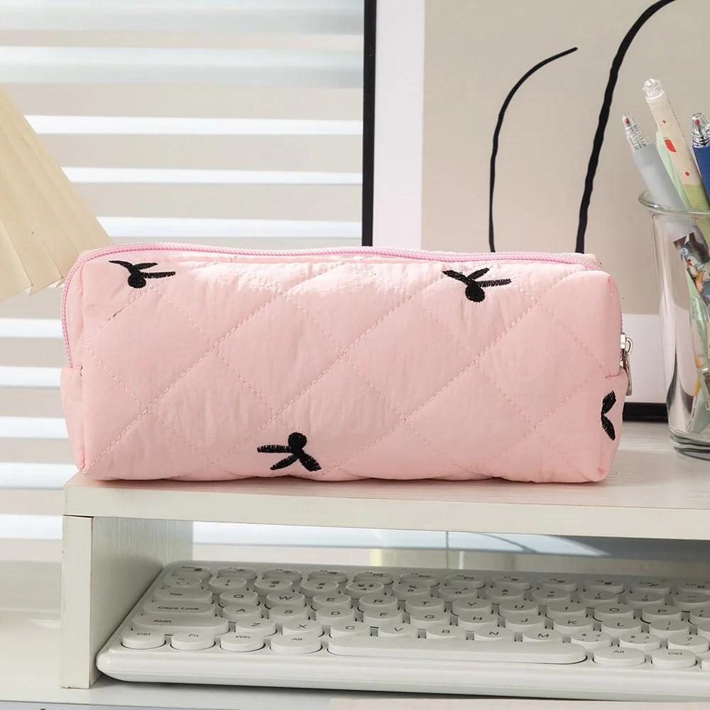 Cotton Quilted Bow Pencil Bags Floral INS Style Student Pen Pouch Large-Capacity Stationery Supplies