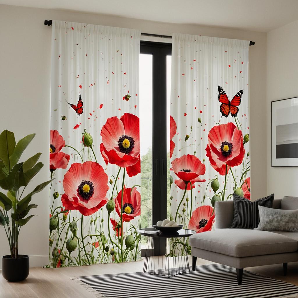 2 szt. zestaw HD Różowy kwiat motyl dekoracyjna zasłona Czerwone wiązanie zasłona z nadrukiem cyfrowym Dekoracja w stylu Dekoracja salonu