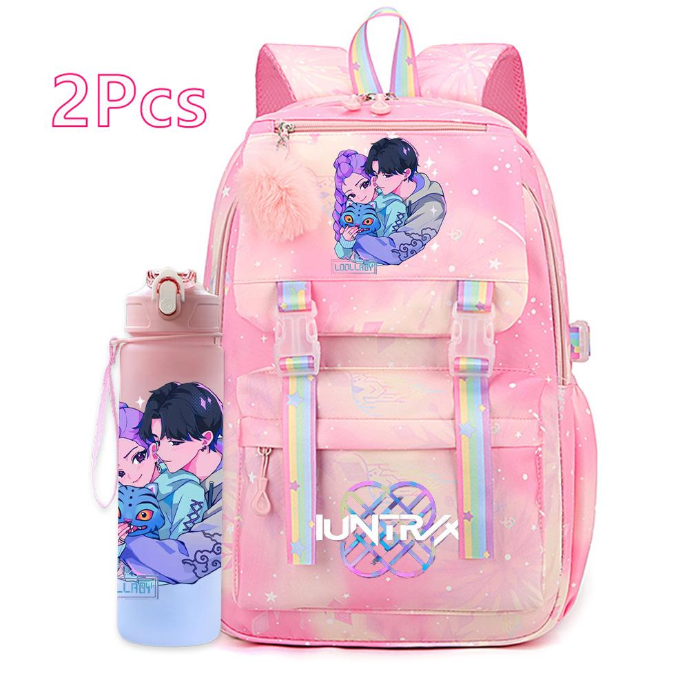 2Pcs/set New Anime Kpop Printed Backpack with 750Ml Water Bottler Large Capacity Travel Bag for Teenager Girl Boy Bookbag Kid Gift Large Capacity Bag