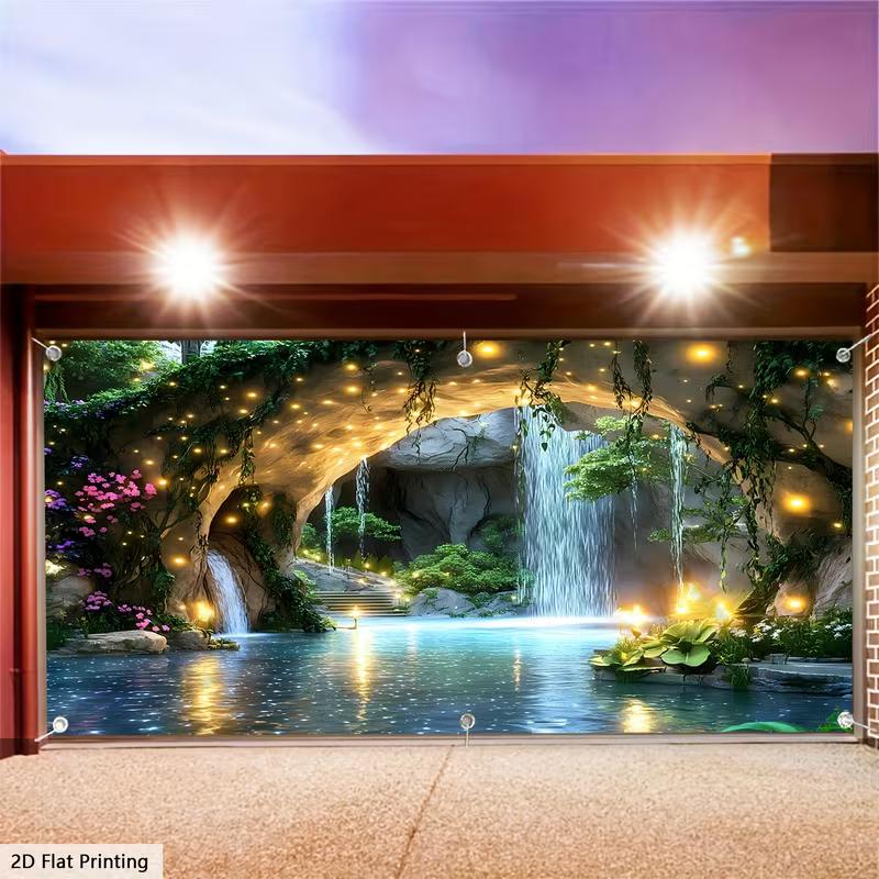 2D Fantasy Cave Waterfall Garage Door Tapestry Enchanted Forest Background Cloth