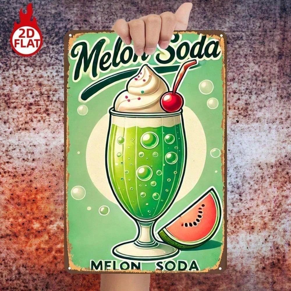 1pc Vintage Melon Soda Metal Sign 8x12 Retro Summer Drink Wall Art Tin Painting for Home Bar Restaurant