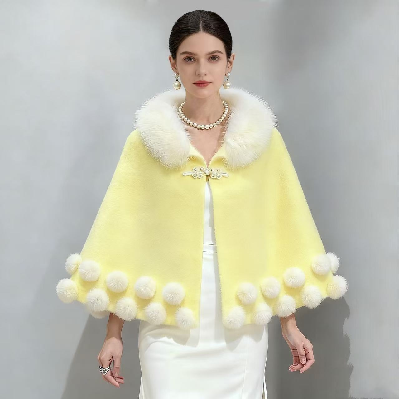 

New Style Faux Mink Fur Collar Cape Shawl Temperament Fur Ball Cape Plus Size Knitted Cardigan Warm Jacket For Women