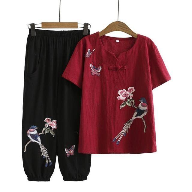 Two-piece Suit Mothers Summer Female Short-sleeved Loose Embroidery Clothing Sets