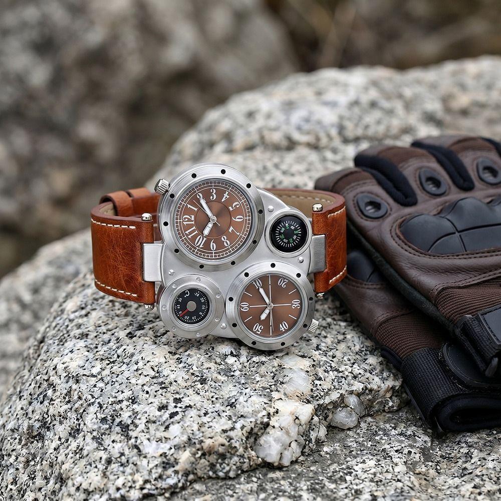 PU Leather Strap Big Face Watches Large Dial Quartz Watch Antique Dual Time Zone Watch  Casual Wear