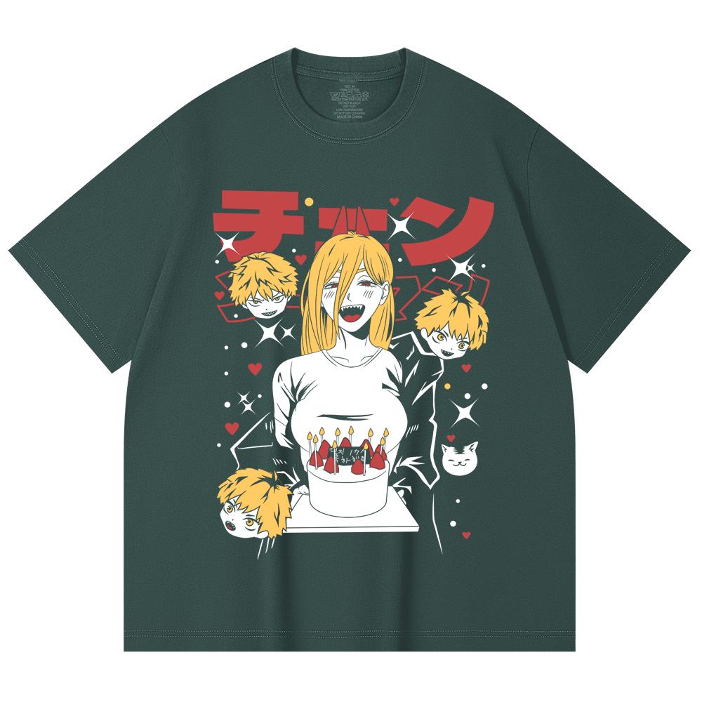 230 Gsm 100% Cotton Chainsaw Man V48 Power Cake Print Unisex Heavy Cotton T Shirt