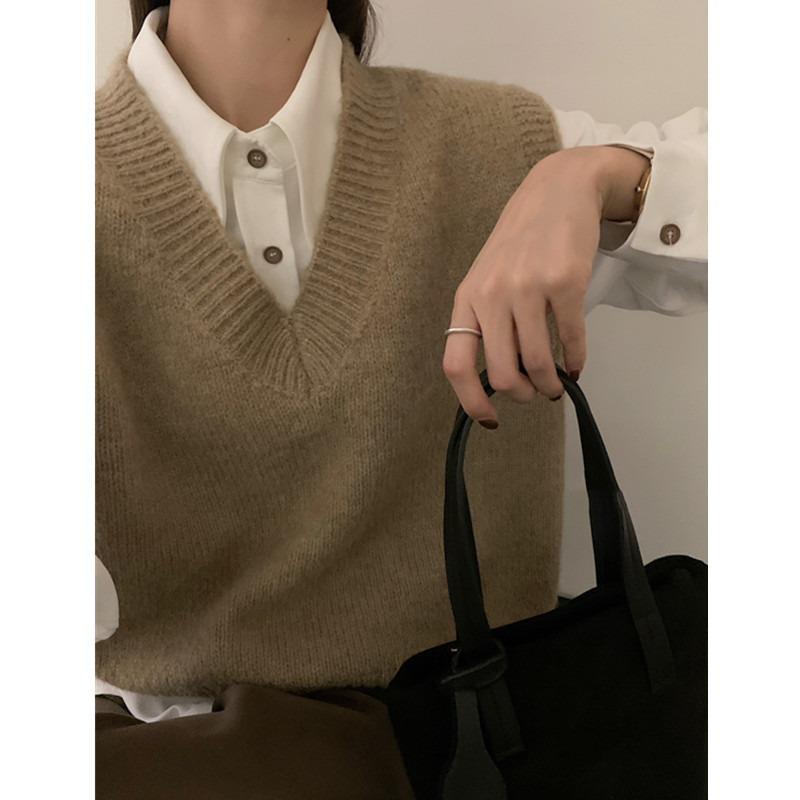 Fashion Sleeveless Pullover Knitted Women Sweaters Vest New Autumn Winter V Neck Casual Loose Elegant Knitwear Bottoming Tops