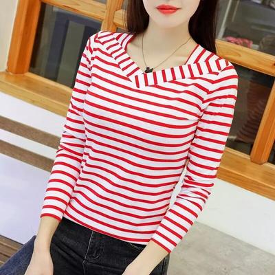 95 Cotton Long Sleeved Striped T-shirt Women's Fashion Spring Autumn New V-neck Bottoming Blouse
