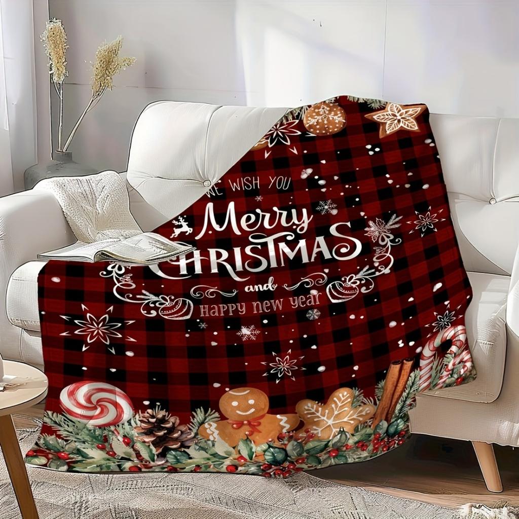 1pc Red Marry Christmas Blanket Candy Gingerbread Man Printed Skin-Friendly Soft Blanket New for Home Christmas Decoration