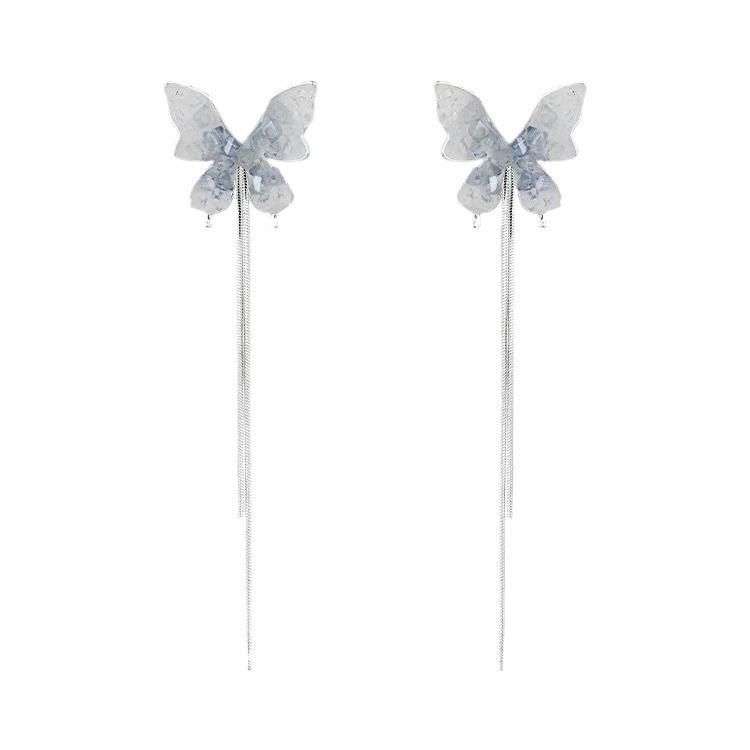 Mori Gradual Change Blue Butterfly Fringed Earrings Women, the New Simple Face Thin Long Earrings