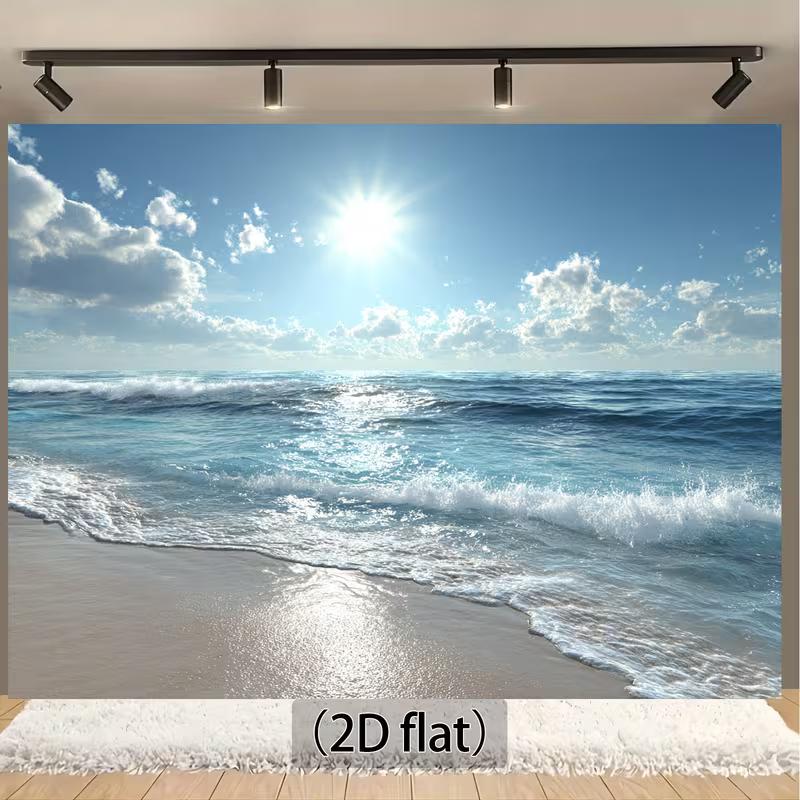 2D Bright Coastal Tapestry Ocean View with Sparkling Sunlight and Turquoise Waves Wall Art 47.2x31.5inch/120*80cm