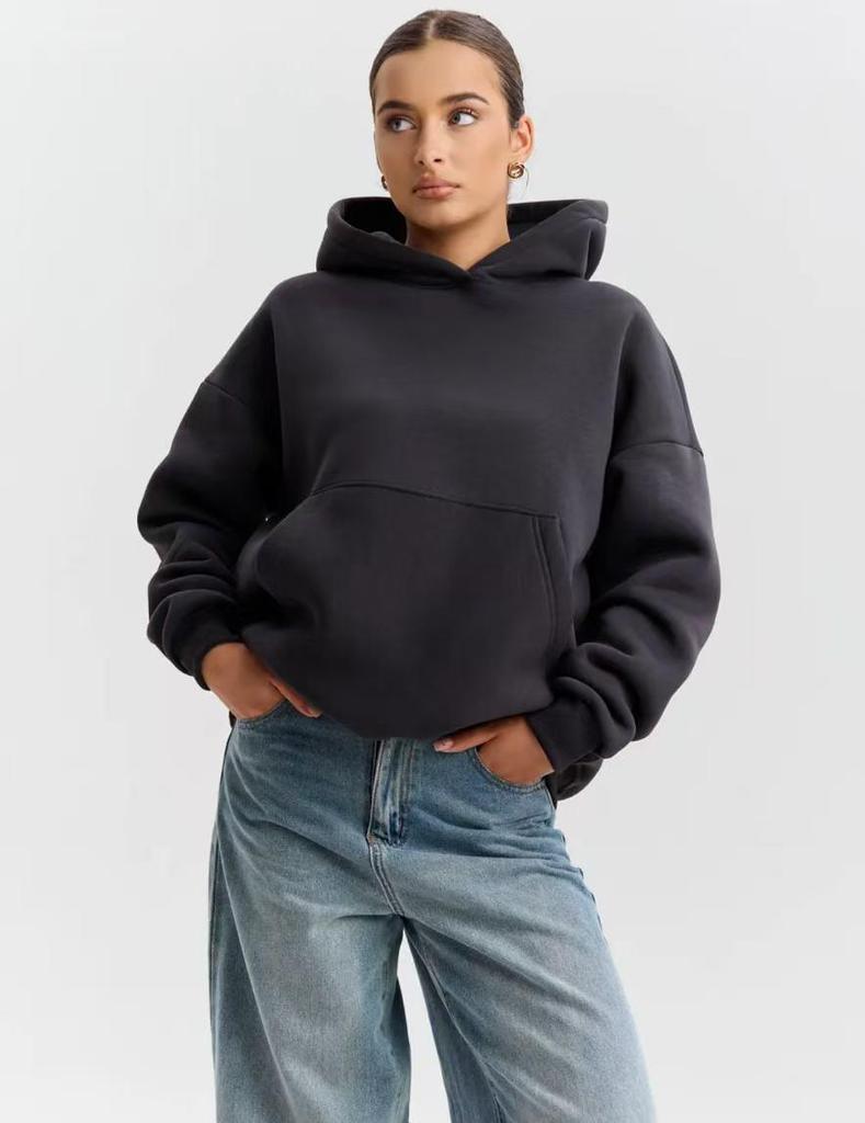 2025 Autumn/Winter Women's Fashion Casual Solid Color Loose Hooded Sweatshirt