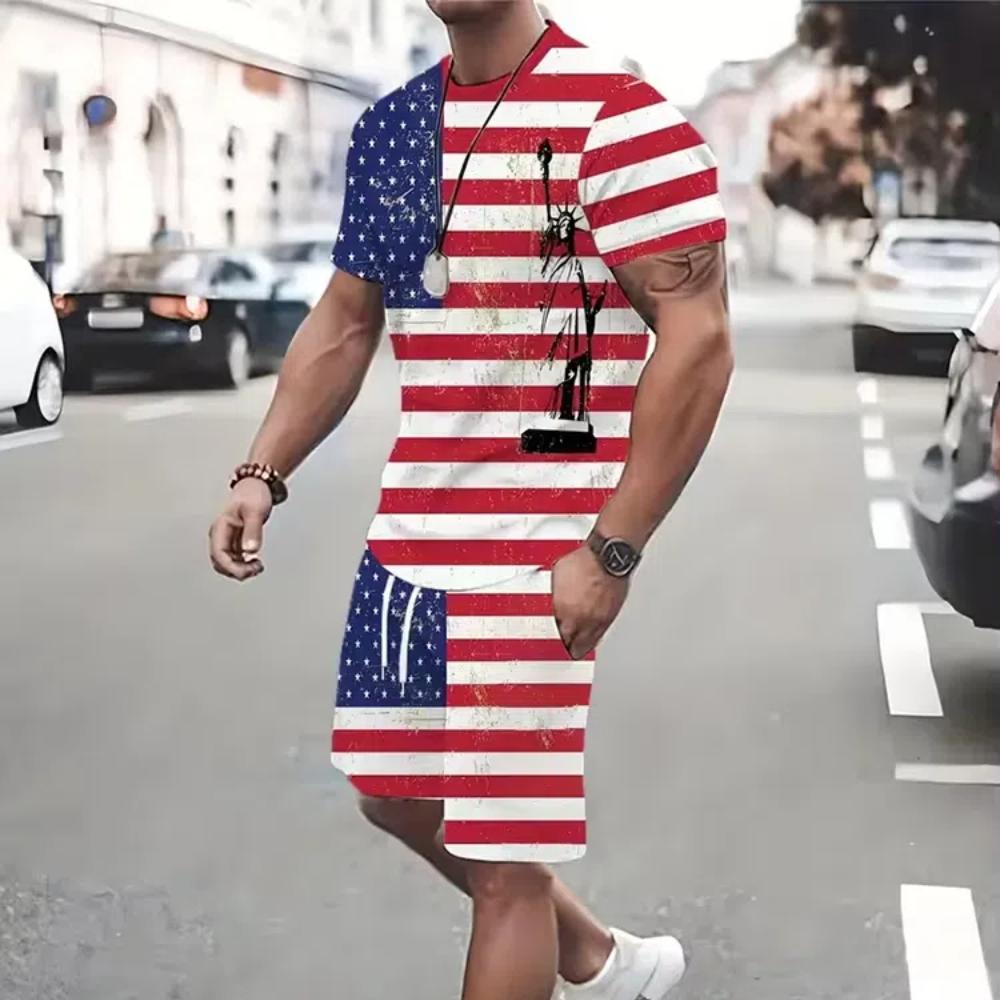 2Pcs Outfits For Men Casual Short Sleeve T-shirt And Drawstring Shorts Set For Summer Men's Clothing Loungewear Vacation Workout