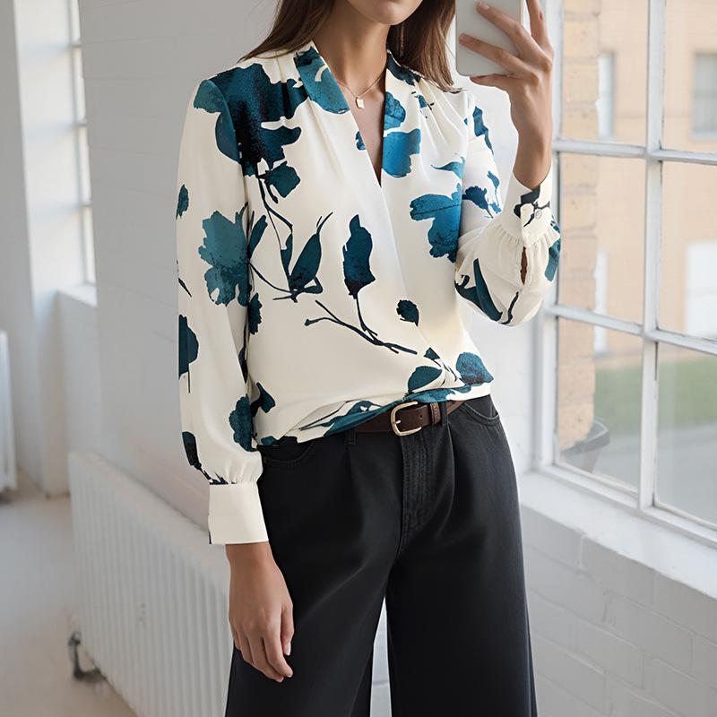 Frühlings- und Herbst-Neuheit, Elegantes und hochwertiges V-Ausschnitt Langarmshirt für Damen mit Pflanzendruck