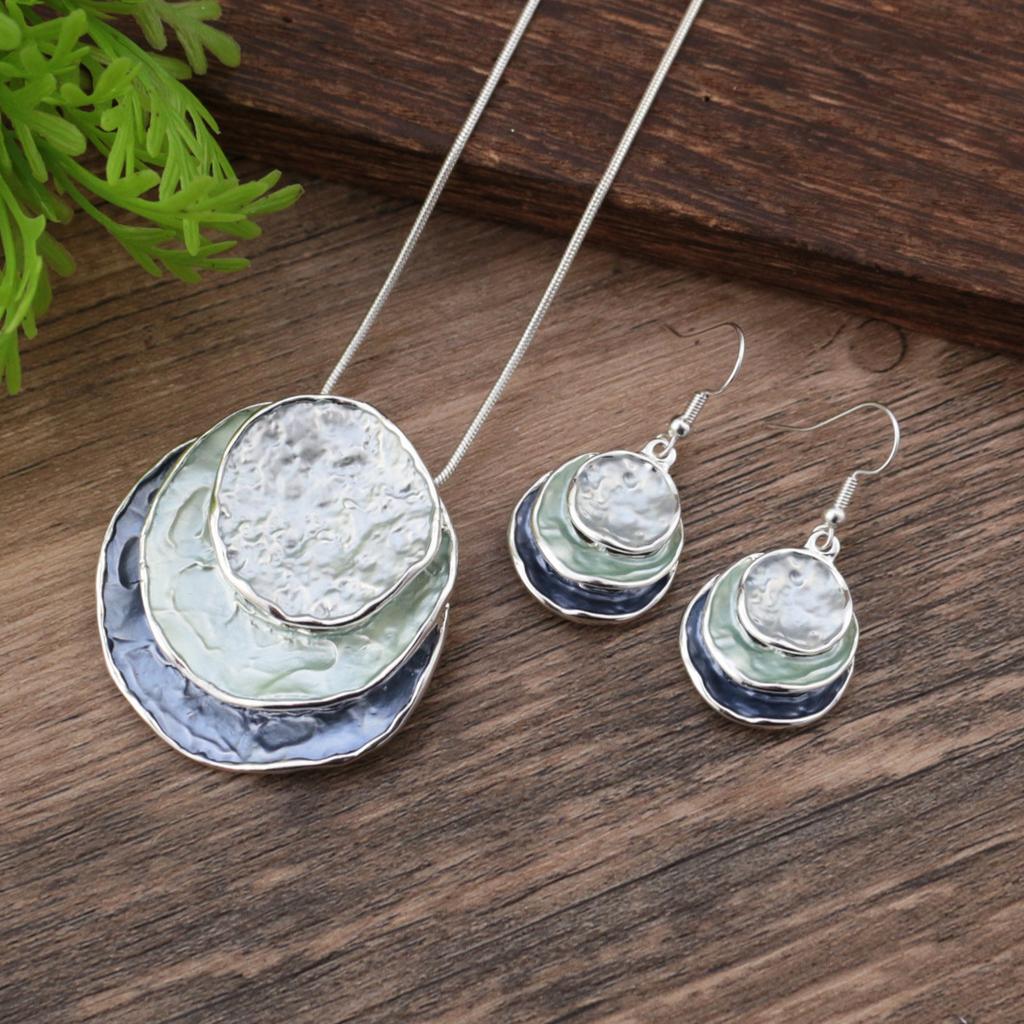 Color Painting Oil Three-layer Ring Hollow Pendant Earrings Set Bohemian Women's Jewelry Set