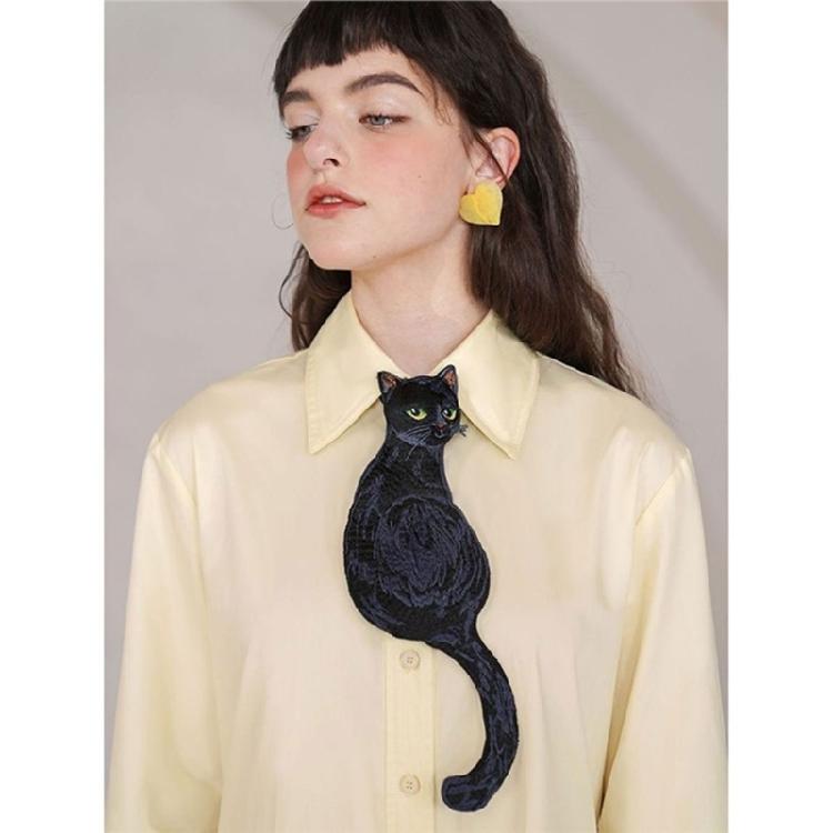 Unique Black Cats Embroidery Appliques Neck Tie Vintage Adjustable Pre Tied Necktie For Parties Event or Everyday Outfit