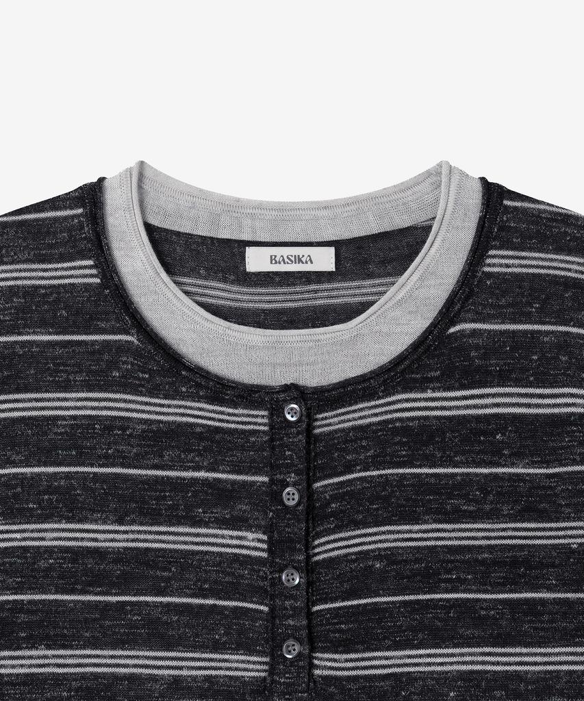 BASIKA Striped Layered Henley Neck Knit (Charcoal)