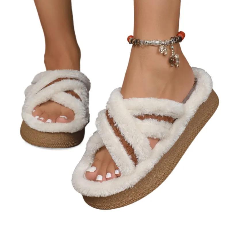 

Модная обувь женская 2024 года, теплые женские тапочки больших размеров, повседневные тапочки на платформе, женские разноцветные тапочки с круглым носком на плоской подошве с женской обувью 43 покинуть белый