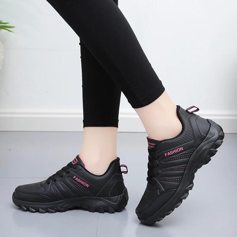 Fashion Black PU Leather Sneakers for Women Running Shoes Non Slip Tennis Soft Thick Sole Casual Light Sports Lightly Waterproof Design