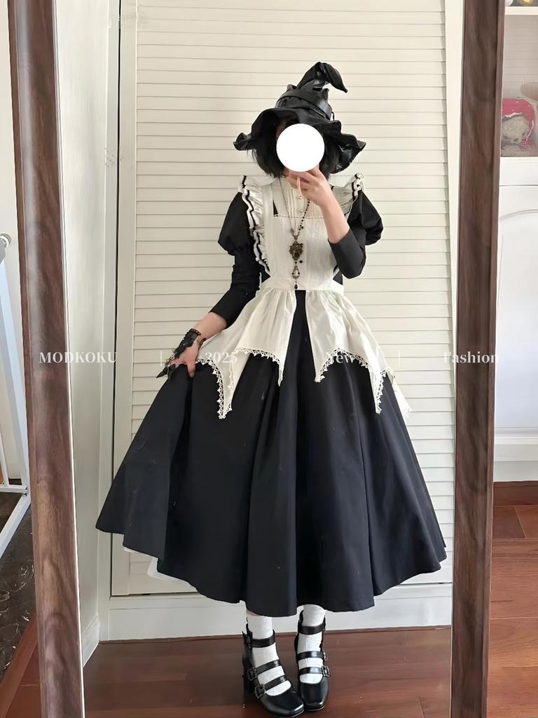MODKOKU Gothic Lolita Nun Ribbon Lace Dress with Long Gothic Lolita Dreamy Cute French Girly Halloween Split Long Size Suitable for Adults and Winter