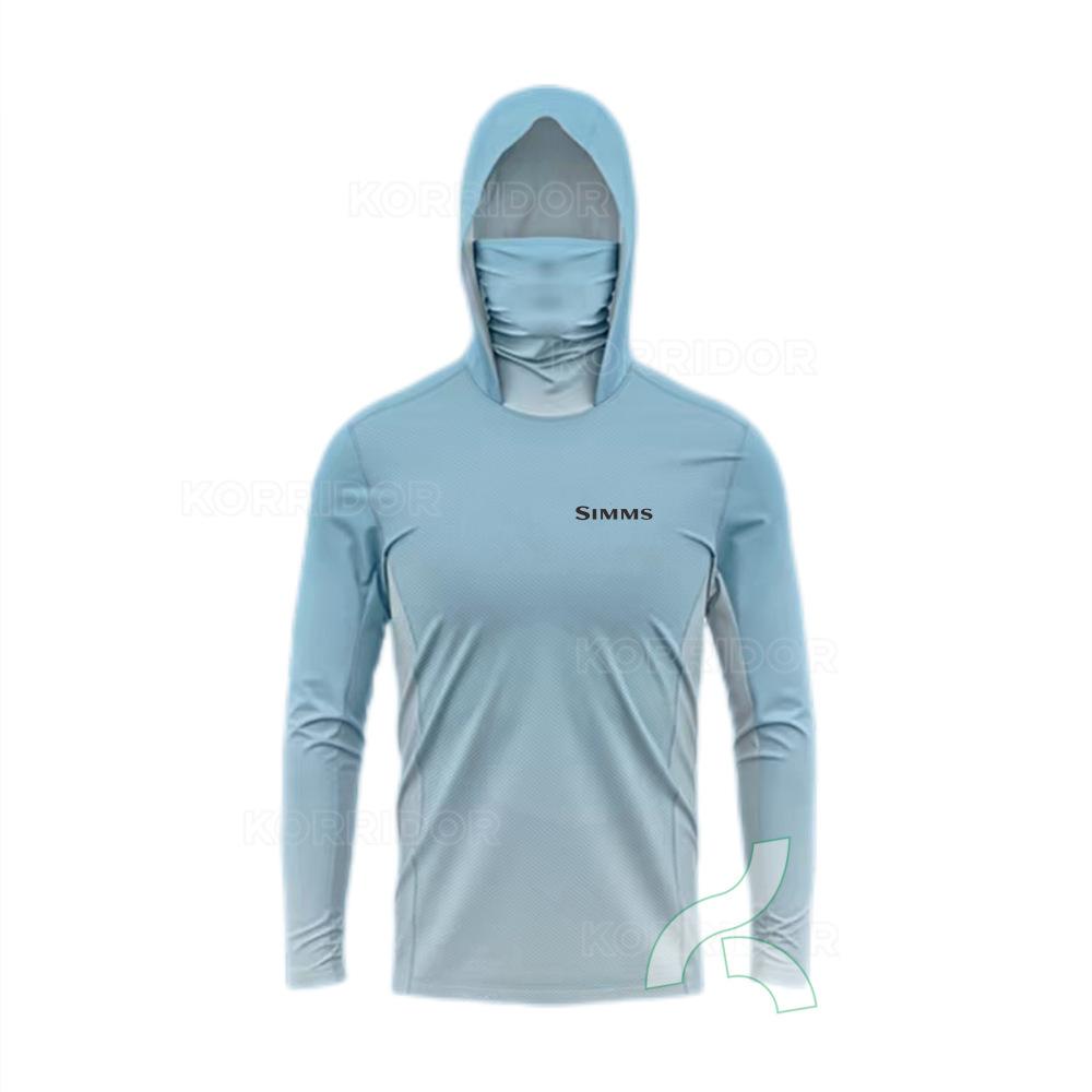 SIMMS T-shirt da pesca felpa con cappuccio manica lunga maschera integrata abbigliamento protezione solare outdoor UPF50 + con cappuccio e maschera