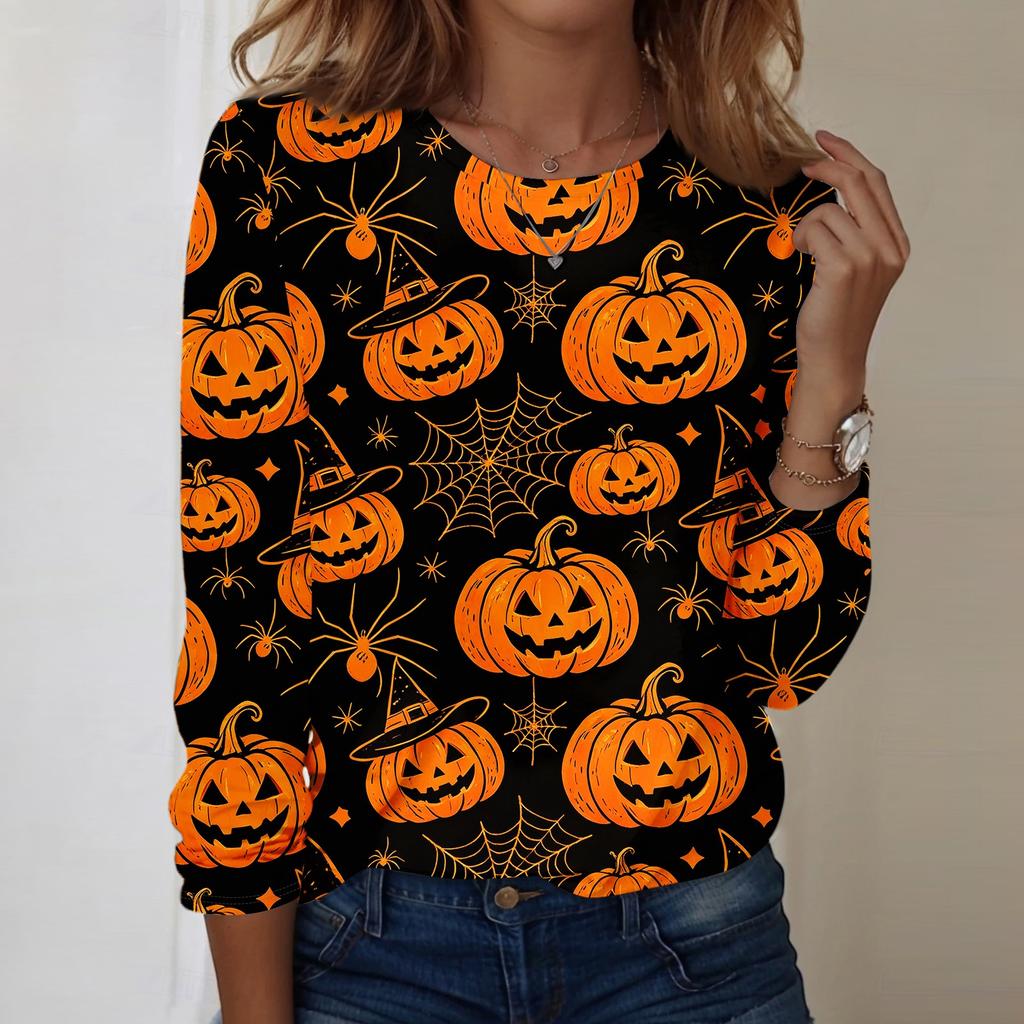 Women Casual Long Sleeve Pullover Sweatshirt Halloween Pumpkin Print Round Neck Top Lightweight Comfortable Fit
